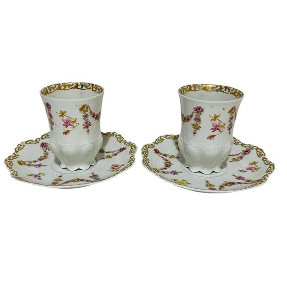 Vintage Carlsbad Austria porcelain demitasse tea cup & saucer sets (2) pink rose - Picture 6 of 15